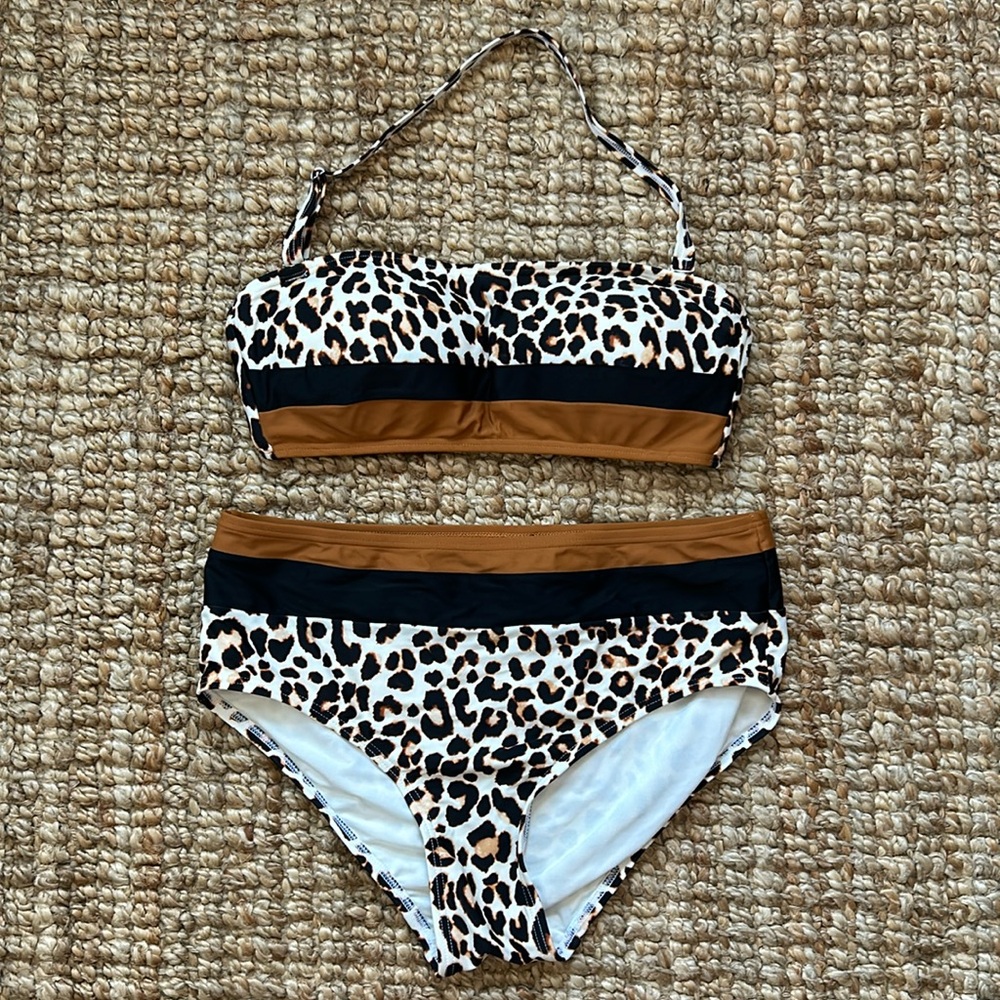 DKNY leopard print high waist bikini womens medium swimsuit color block comfort